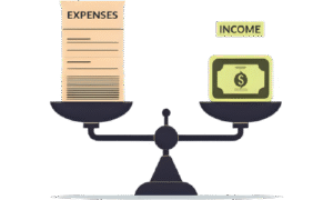 cartoon picture of scales with expenses on the left side and income on the other. Expenses outweighs income.