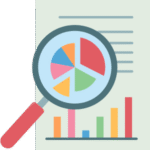 cartoon picture of magnifying glass looking at a pie chart with a bar graph underneath.