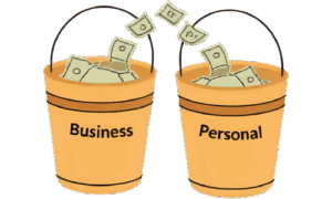 cartoon picture of two small buckets. One has Business written on it and Personal written on the other. Green money is flowing between the two buckets.