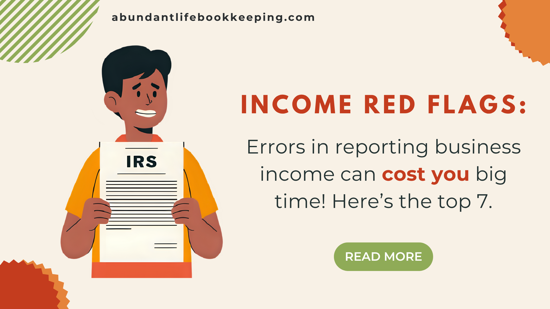 Income Red Flags black cartoon man holding a letter from the IRS about business income reporting.